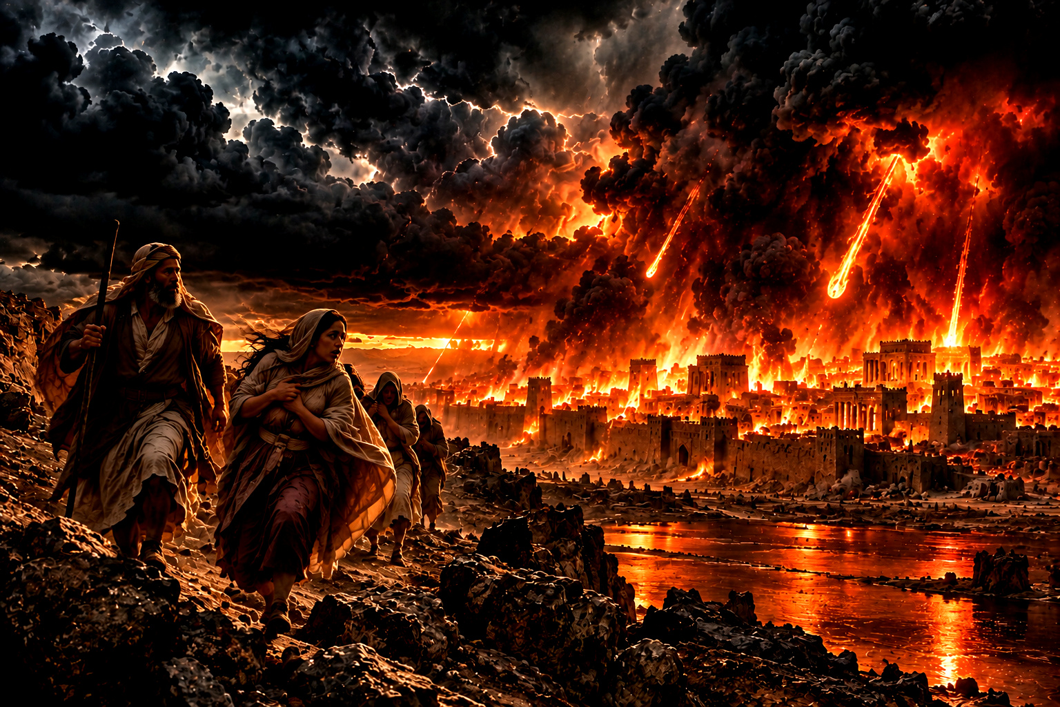 Recreación artística inspirada en el relato de Génesis 19:24-26, que describe la destrucción de Sodoma y Gomorra y la huida de Lot y su familia. Bajo un cielo oscurecido por densas nubes y una ciudad envuelta en fuego, los fugitivos avanzan por un terreno árido mientras el desastre consume el horizonte. La escena evoca el dramatismo de uno de los episodios más enigmáticos de la tradición bíblica: la caída de ciudades cuya memoria quedó asociada a la violencia, la injusticia, la corrupción y el juicio divino